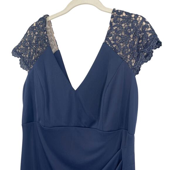 X BY XSCAPE Lace-Sleeve Chiffon Gown Navy Blue Size 16 NEW with tags! NWT - Picture 3 of 11